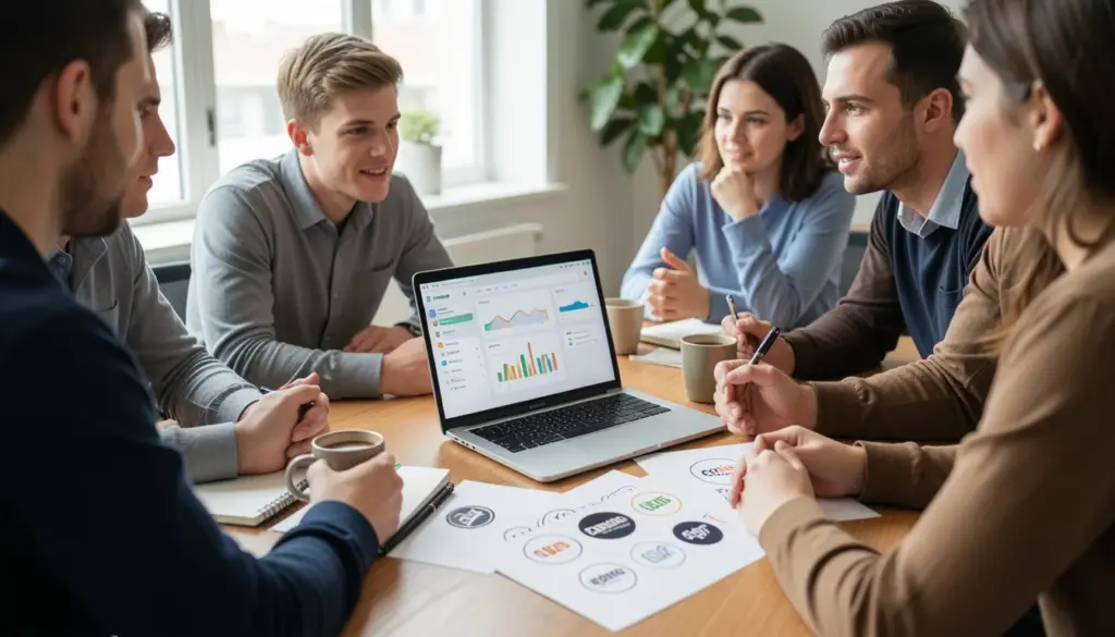 Small business team planning a branding strategy with logo sketches, color palettes, and marketing notes on a desk in a modern office.