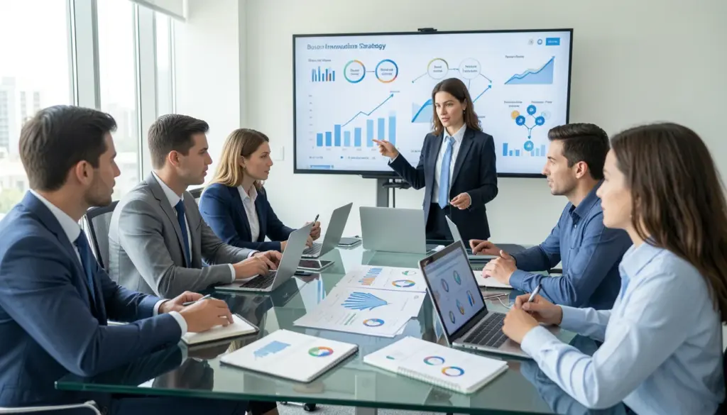 Business team collaborating on innovation strategy with data charts and growth planning in a modern office