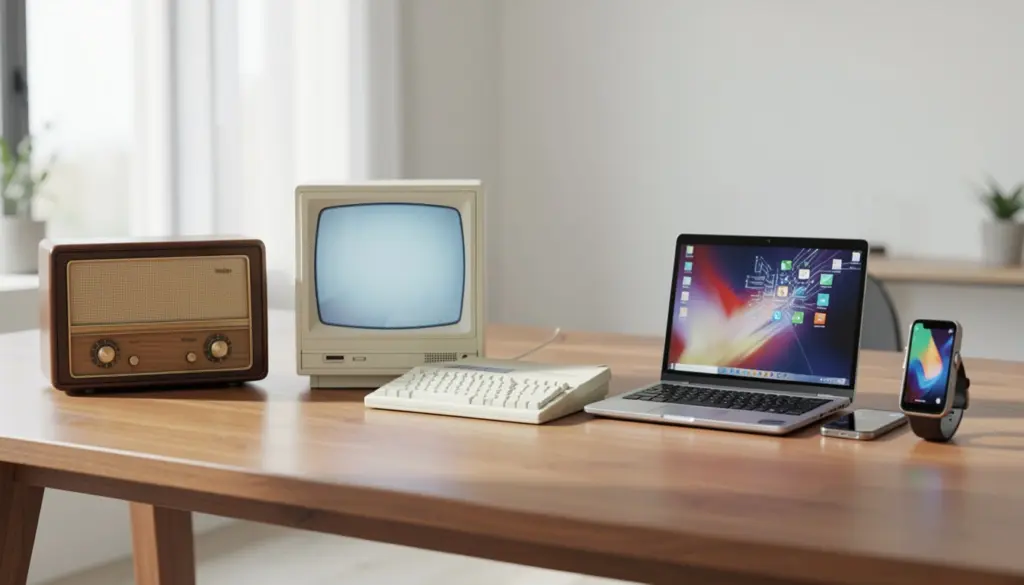 Evolution of consumer technology devices from vintage radio and early personal computer to modern smartphone and smartwatch displayed on a desk.
