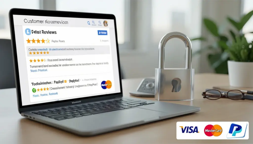 How Businesses Build Customer Trust Online Professional website displaying customer reviews, SSL security, and trust badges to build online customer trust and credibility