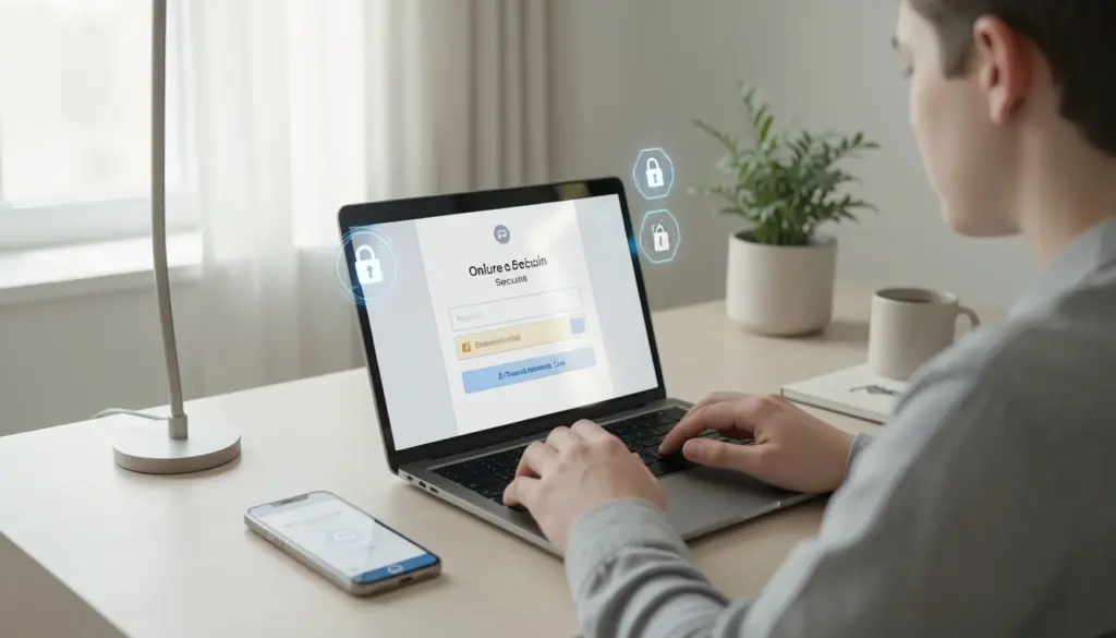 Cybersecurity Basics: A Beginner’s Guide to Staying Safe Online Person logging into a secure online account with password and two-factor authentication on laptop, illustrating basic cybersecurity and online safety practices