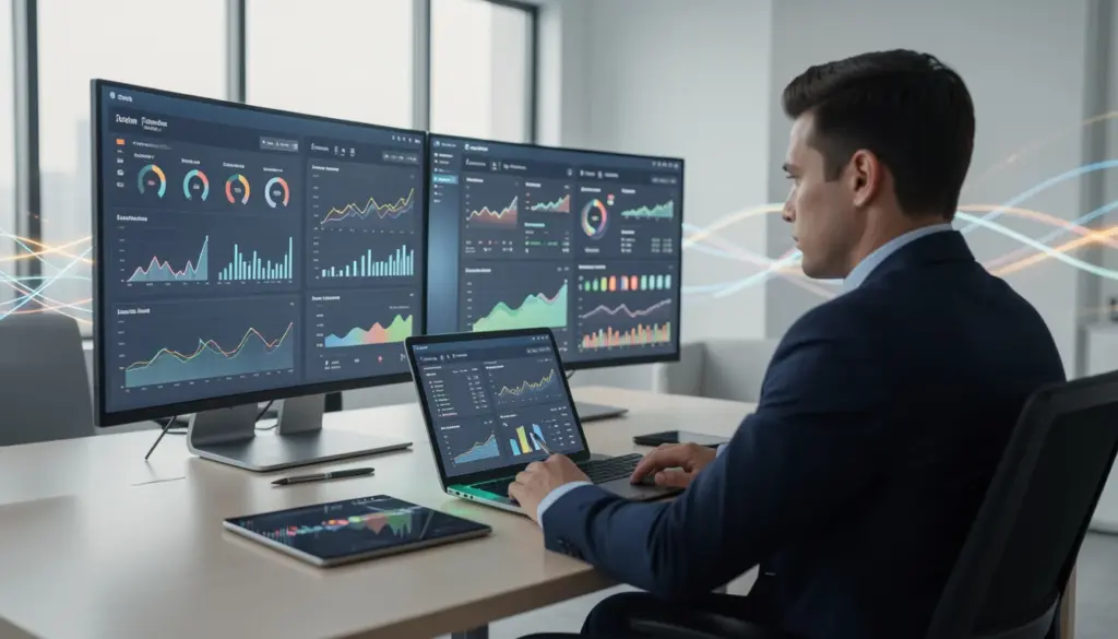 What Is Data Driven Technology? Infrastructure, Benefits, Challenges, and Future Photorealistic scene of a professional analyzing real-time data dashboards and analytics on multiple screens in a modern workspace, representing data-driven technology and decision-making systems