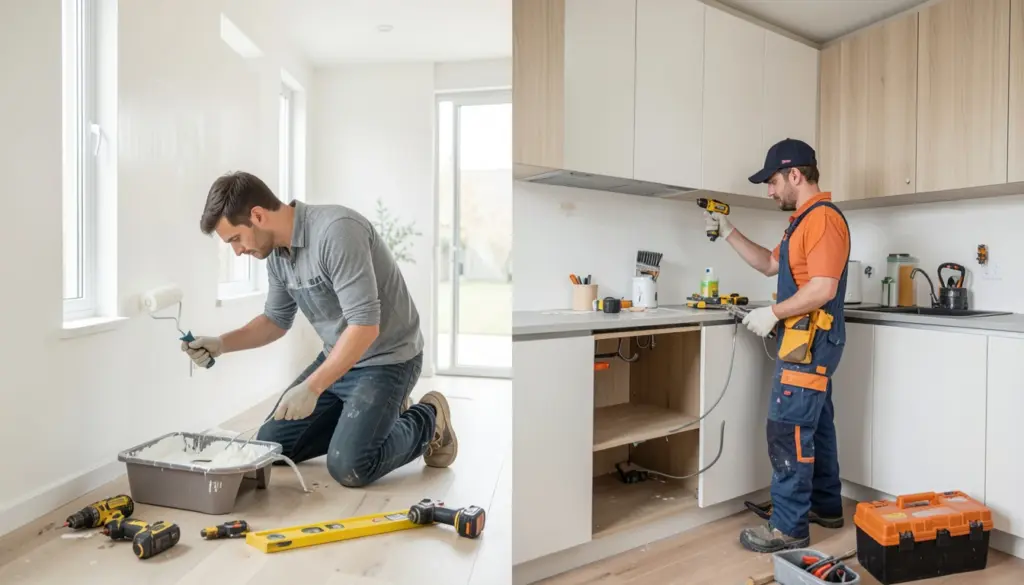 Homeowner doing DIY painting while a professional contractor installs cabinets during a home renovation project.