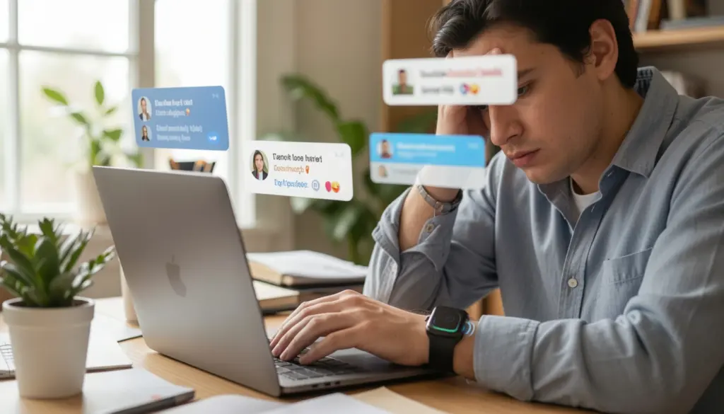 Professional distracted by phone notifications and multitasking on laptop in modern workspace, illustrating digital distractions and loss of focus at work