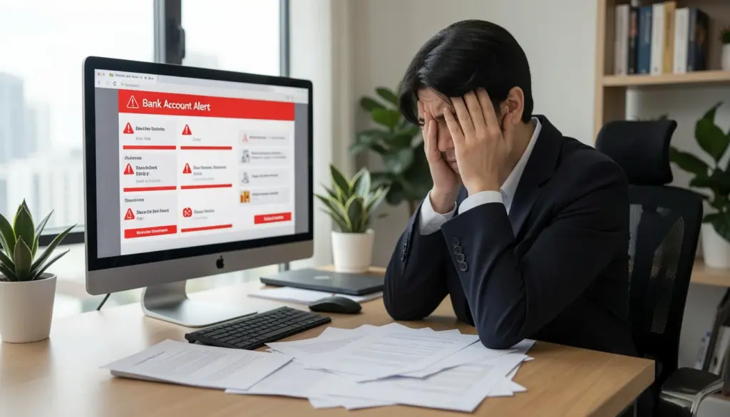 Stressed professional checking online bank account alert at home, representing financial fraud victims and cybersecurity risks in 2026.
