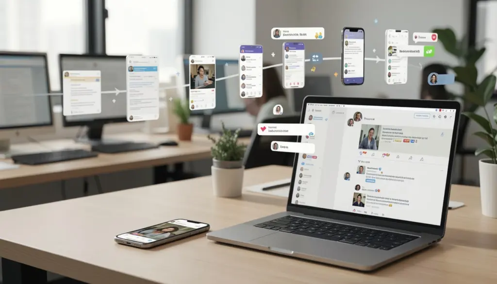 History of Social Media: How It All Began and Evolved Photorealistic workspace showing smartphone and laptop displaying social media feeds, representing the evolution of social media platforms from early internet communities to modern mobile apps.