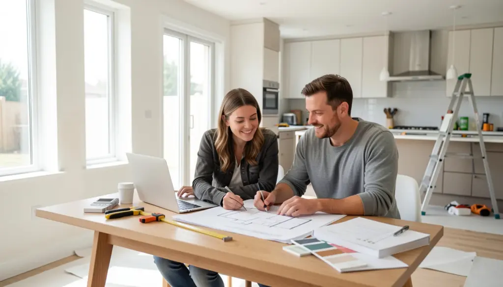 Homeowners reviewing renovation plans and budget documents while planning a home remodeling project in a partially renovated kitchen.