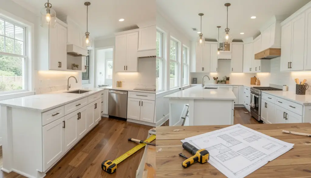 Best Home Upgrades That Increase Property Value Modern home renovation with upgraded kitchen, new flooring, and improved lighting showcasing high ROI home improvements