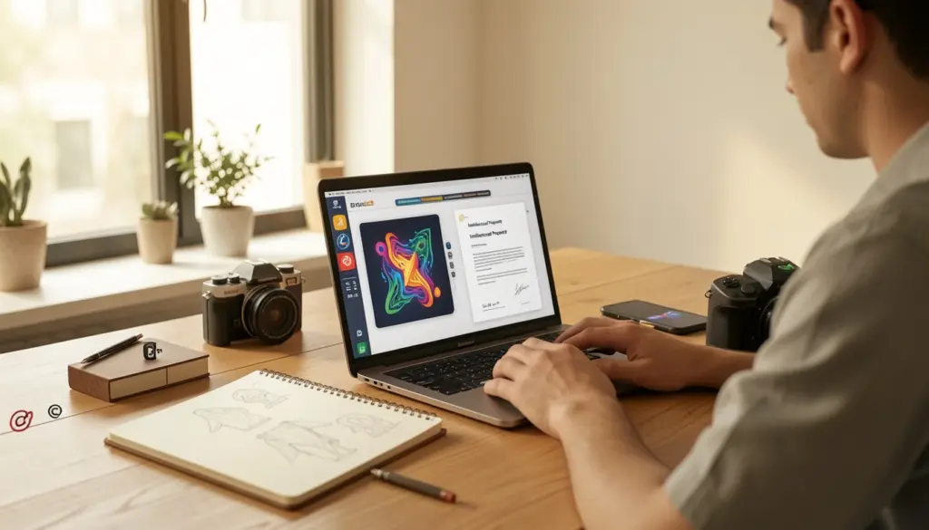 Photorealistic workspace showing a creator reviewing intellectual property documents with laptop, highlighting copyright, trademark, and patent concepts