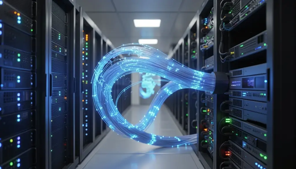 Internet Infrastructure — Backbone, Data Centers, and Global Networks Explained Photorealistic view of a modern data center with servers, network cables, and digital screens showing global internet connectivity, illustrating core internet infrastructure and server networks.