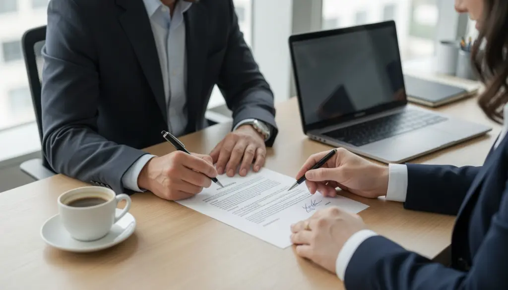 Legal Contract Basics: What They Are and How They Work Two professionals reviewing and signing a legal contract document in a modern office, illustrating the basics of legally binding agreements.