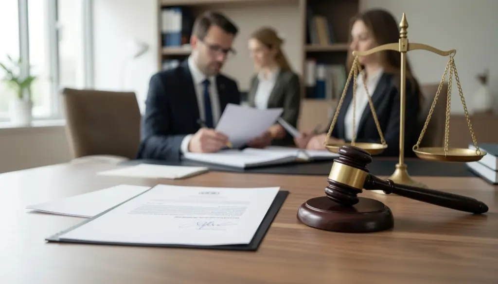 Legal liability concept with contract documents, gavel, and scales of justice on a lawyer’s desk
