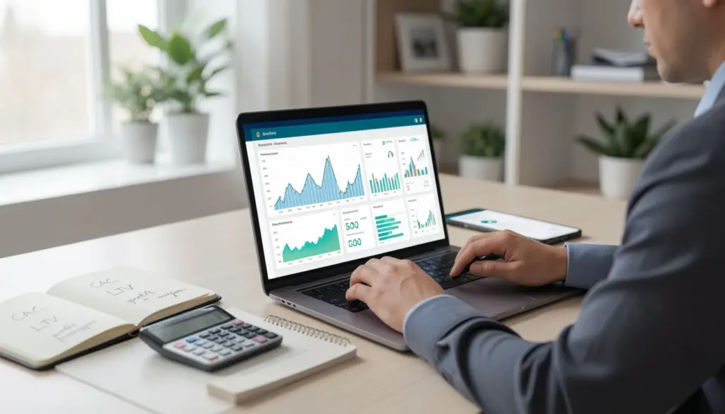 The Economics of Online Businesses Explained Photorealistic workspace showing entrepreneur analyzing online business economics with revenue charts, cost metrics, and profit calculations on a laptop