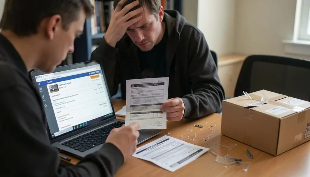 Consumer reviewing receipt and faulty product while contacting seller online about a refund or complaint.