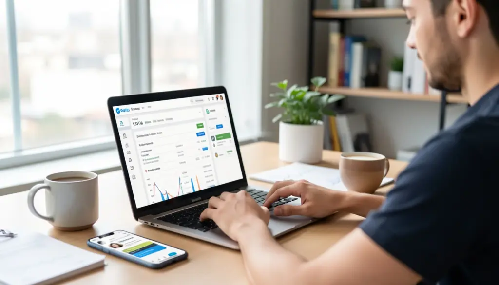 Small business owner analyzing website analytics and digital marketing data on a laptop while managing online growth strategies.