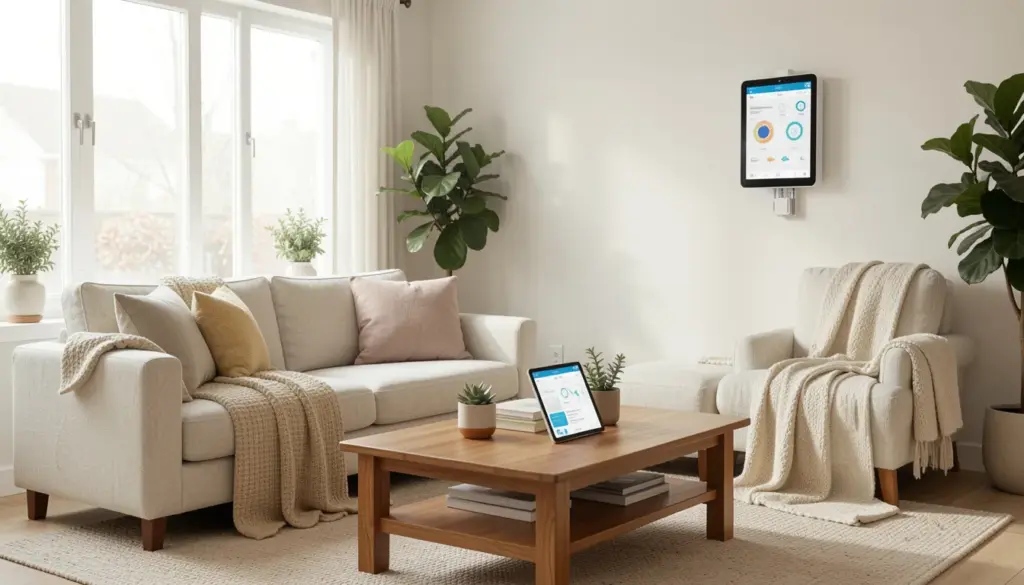 Smart Home Improvements for Modern Living Photorealistic modern living room with smart home devices including smart thermostat, smart bulbs, and voice assistant, controlled via smartphone app, highlighting convenience, energy efficiency, and home automation.