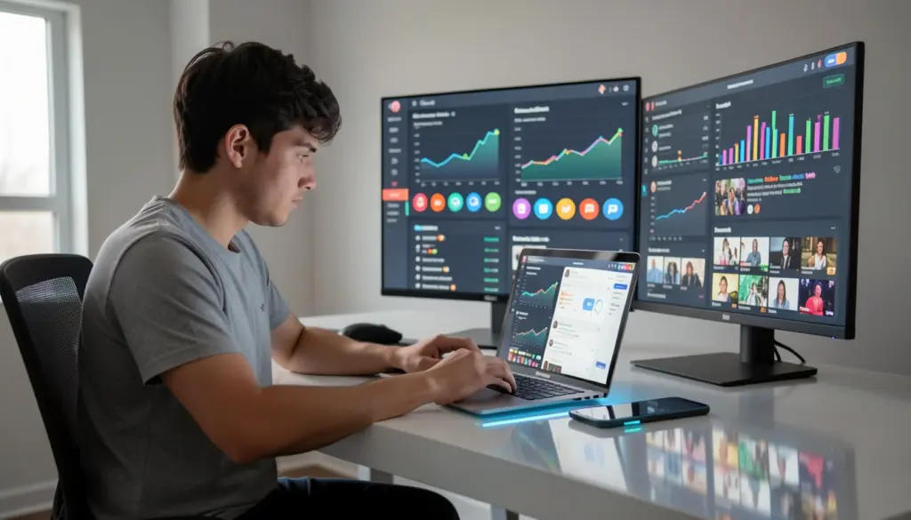 Understanding Social Media Algorithms Content creator analyzing social media analytics and engagement metrics on laptop and smartphone, representing how social media algorithms rank and recommend content.