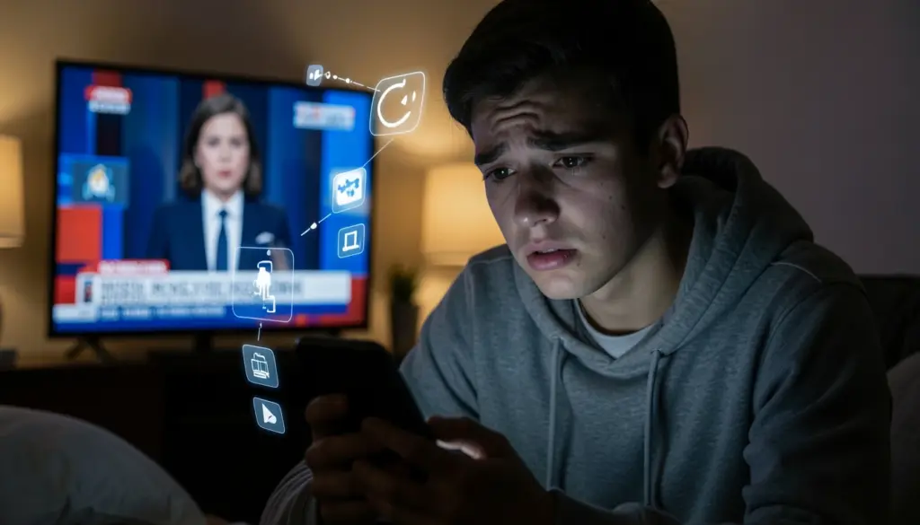 Person checking breaking news on social media smartphone feed with visible likes and shares, illustrating how algorithms and viral content shape online information consumption