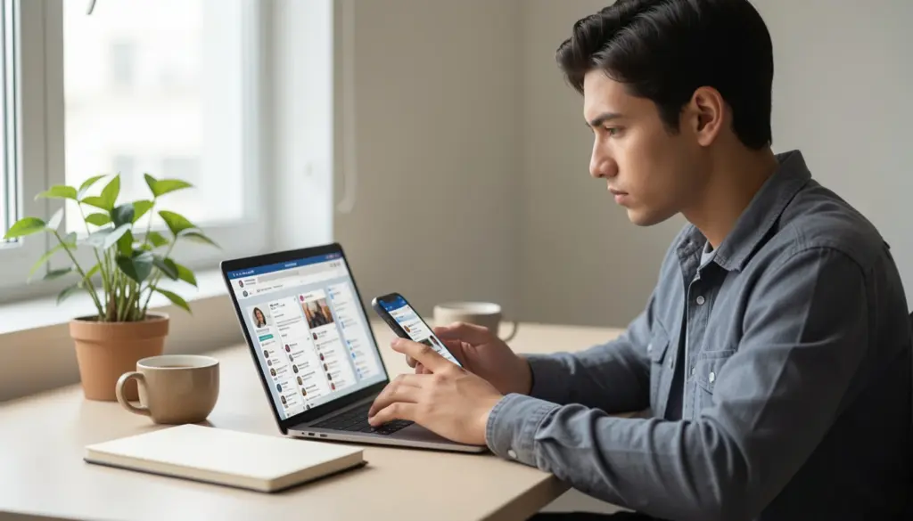 How to Build a Strong Social Media Reputation Professional reviewing social media profiles on laptop and phone to manage online reputation and personal brand