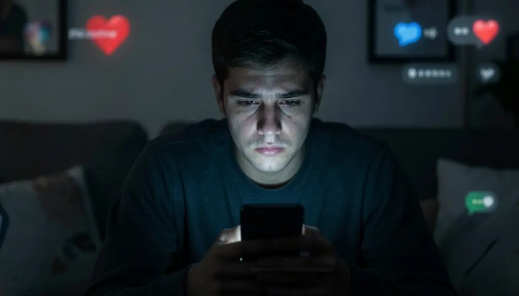 Person scrolling social media on smartphone late at night showing addictive usage behavior and digital fatigue