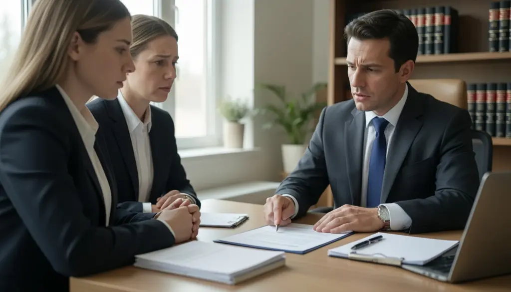 Client consulting a lawyer in an office while reviewing legal documents and contract terms before making an important decision