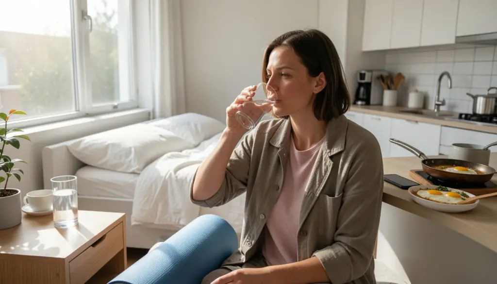 Busy person practicing healthy morning habits at home including drinking water, stretching, and preparing a nutritious breakfast in natural light.