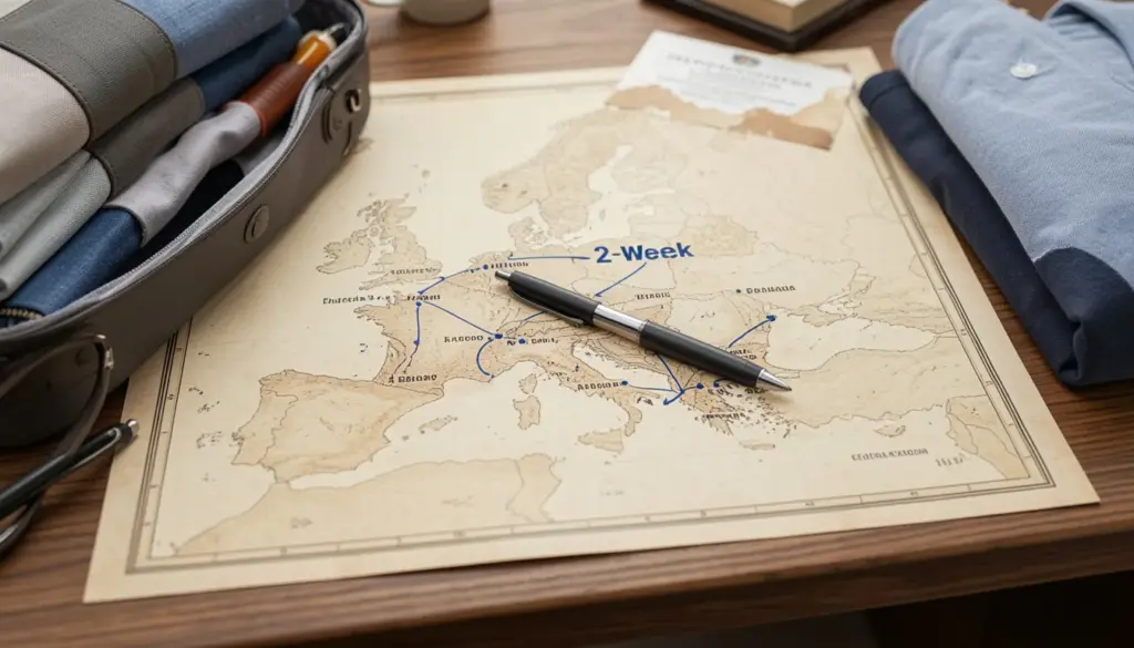 Realistic Europe travel planning setup with map, itinerary notes, and suitcase for a 2-week trip itinerary