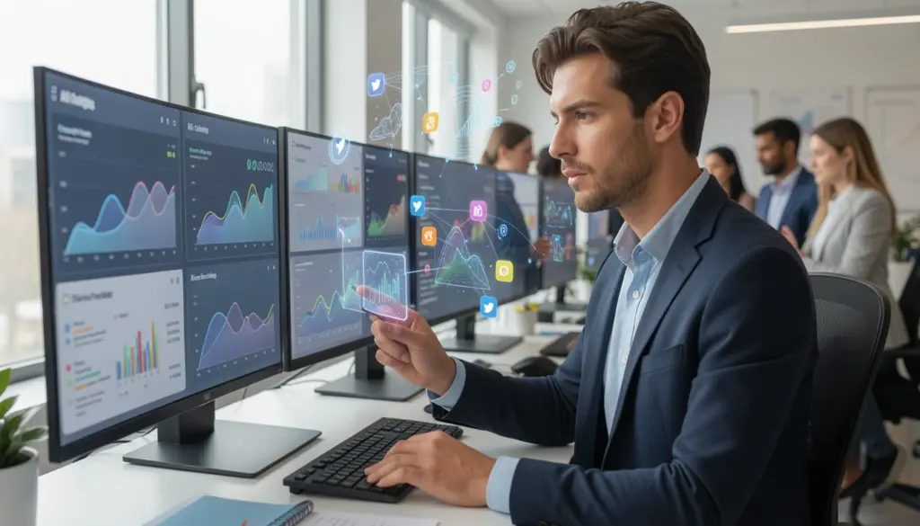 Professional analyzing AI-powered cross-channel media analytics on multiple screens, demonstrating AI Insights DualMedia for digital marketing and media strategy.