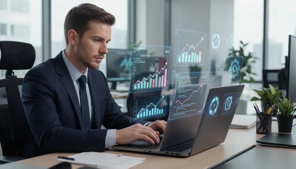 The AI Future — Trends, Impact & What’s Next Human working with AI-powered software on laptop in modern office, showing data analytics and digital automation tools in a realistic workspace