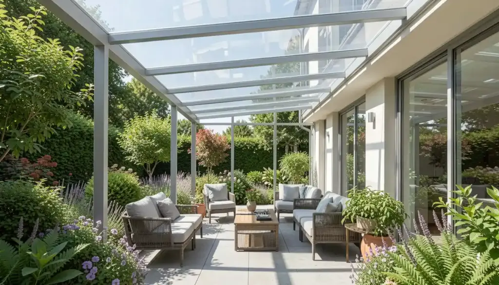 Photorealistic modern patio with Acryldach transparent acrylic roof allowing natural sunlight, aluminum frame, and garden surroundings.