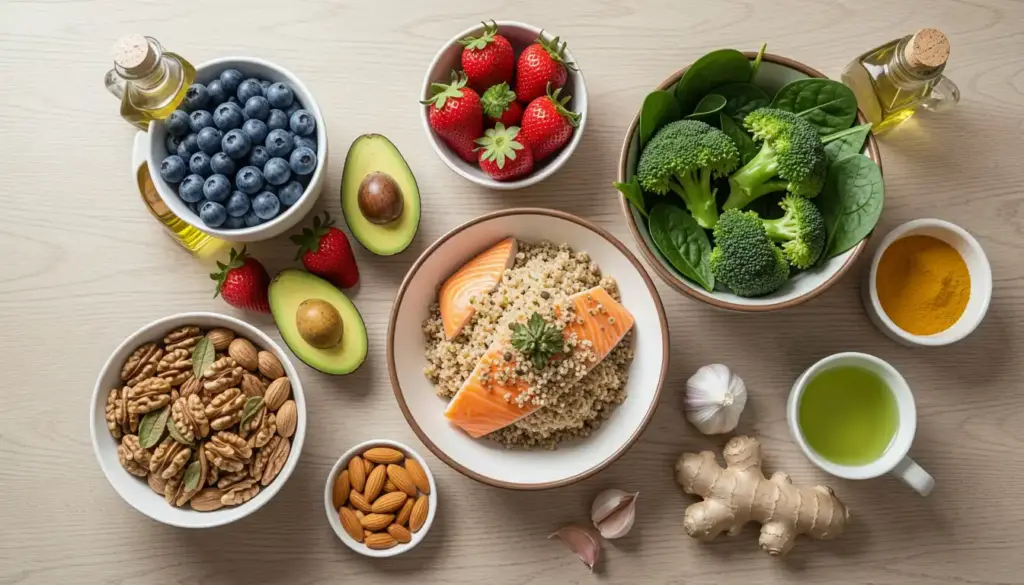 assortment of anti-inflammatory foods including berries, salmon, avocado, leafy greens, nuts, olive oil, and turmeric on a kitchen table