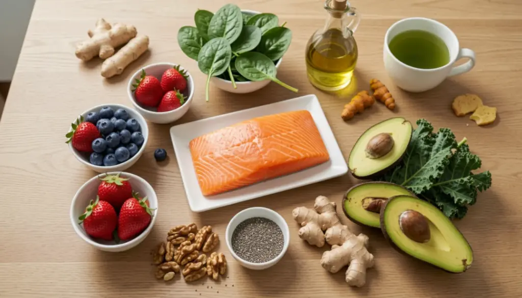 Anti-inflammatory foods on a kitchen table including salmon, berries, leafy greens, nuts, olive oil, and green tea for a healthy diet