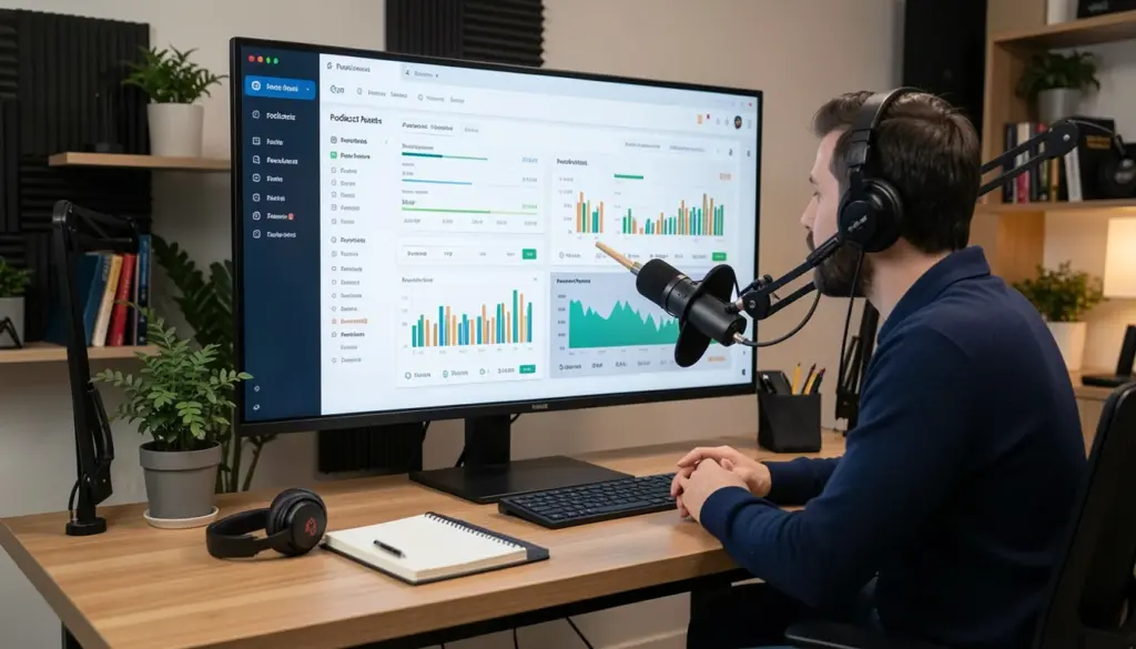 Photorealistic workspace showing a podcaster analyzing podcast analytics data and audience insights on a computer dashboard