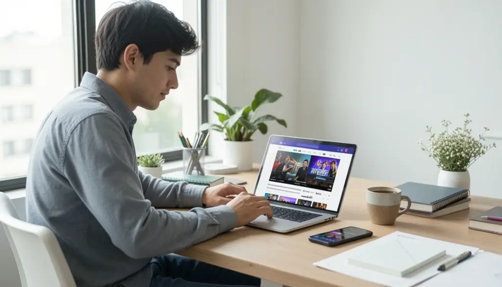 Person efficiently checking entertainment news on a laptop using a clean, organized feed at a modern workspace