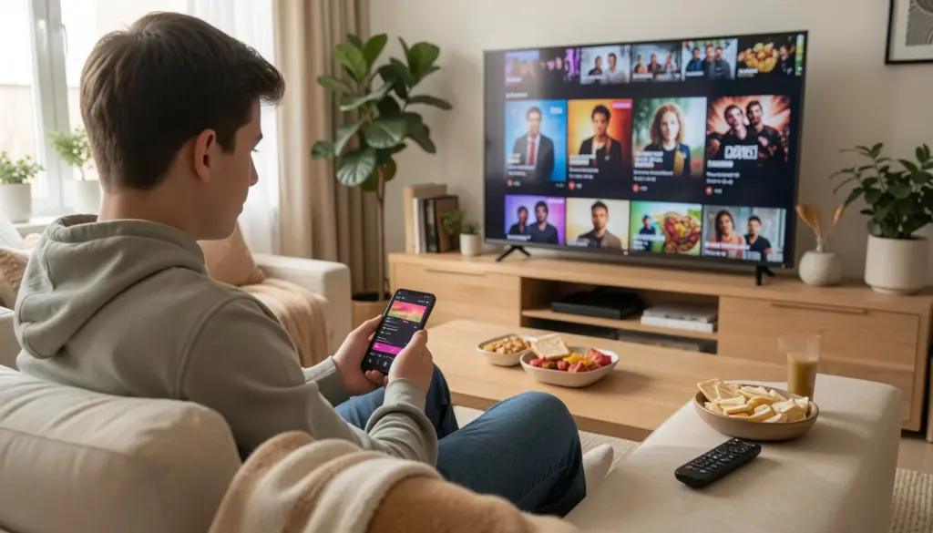 Best Free Entertainment Apps 2026 (That Are Actually Good) Person using smartphone and smart TV at home to stream free entertainment apps including movies, music, and videos without subscription