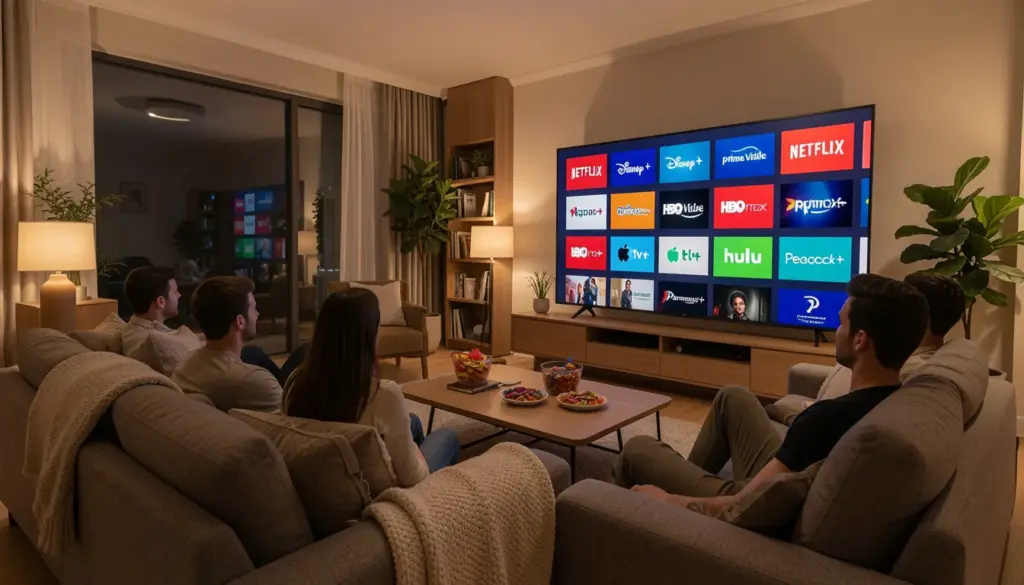 Best Streaming Services 2026: Which Platform Is Worth It? Modern living room with a smart TV showing icons of popular streaming services including Netflix, Disney Plus, Amazon Prime Video, and HBO Max, family enjoying home entertainment with snacks on a coffee table.