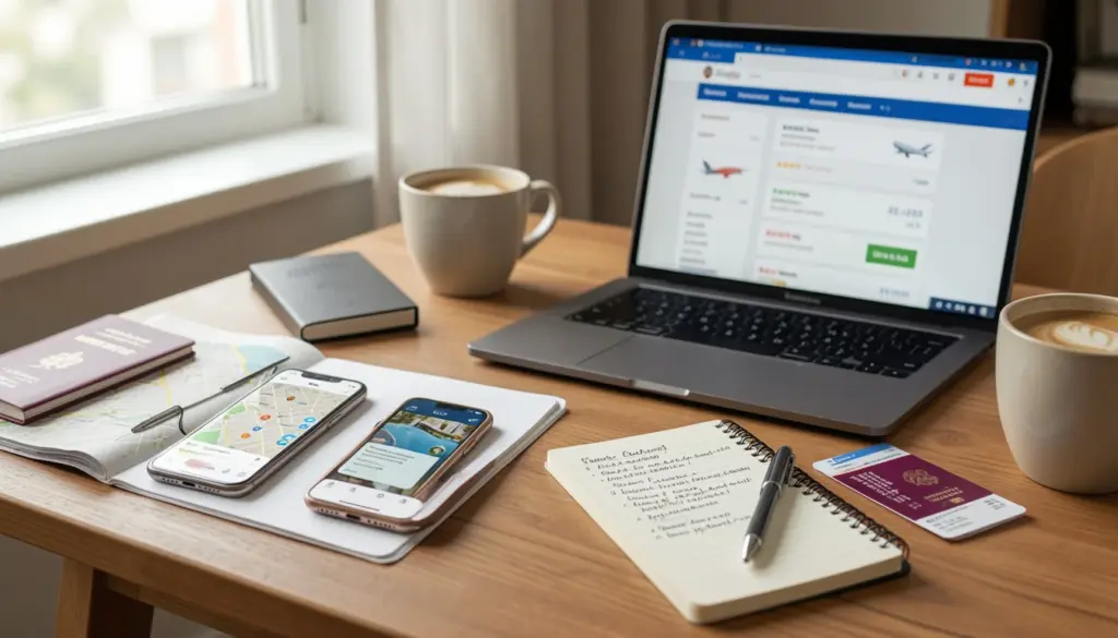 Traveler using smartphone apps for navigation, translation, and booking while planning a trip with passport and itinerary on table