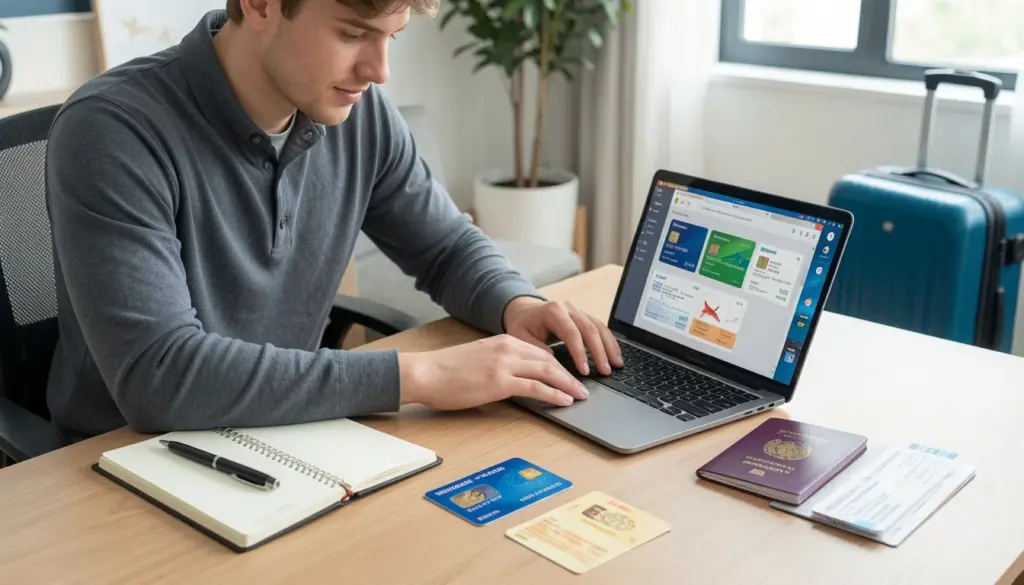Person comparing travel credit cards on laptop with passport and travel items, choosing best beginner travel rewards card