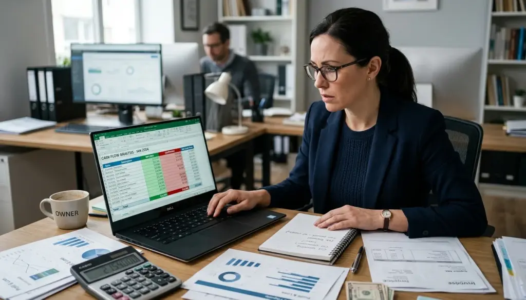 Business owner reviewing cash flow spreadsheet with financial reports and invoices on desk in office