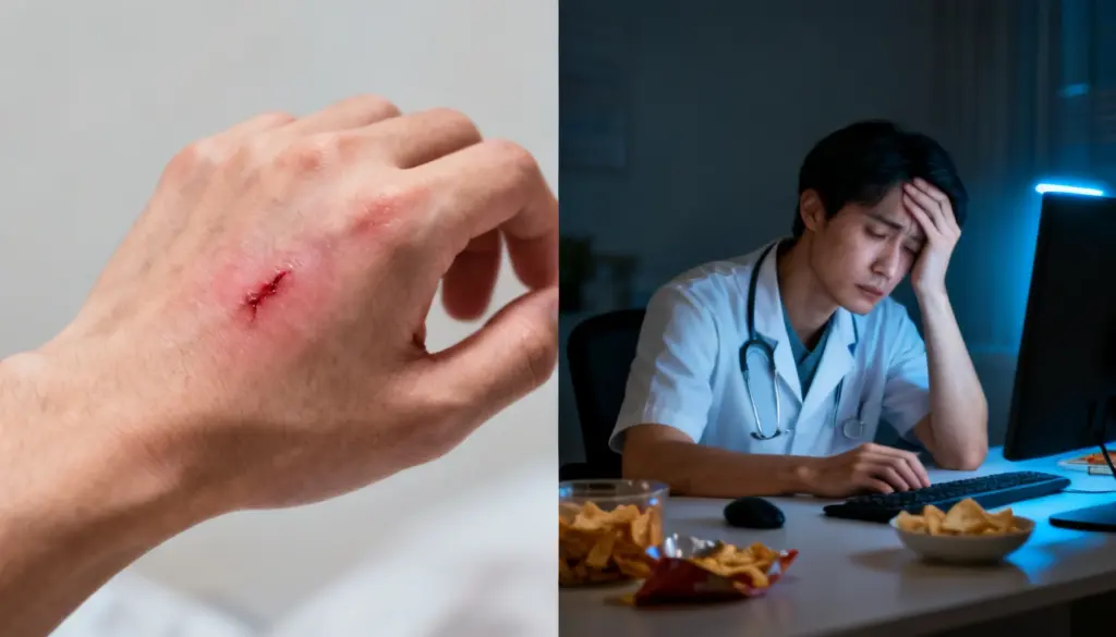 Visual comparison of acute vs chronic inflammation showing a healing hand injury and a fatigued person experiencing long-term inflammation symptoms