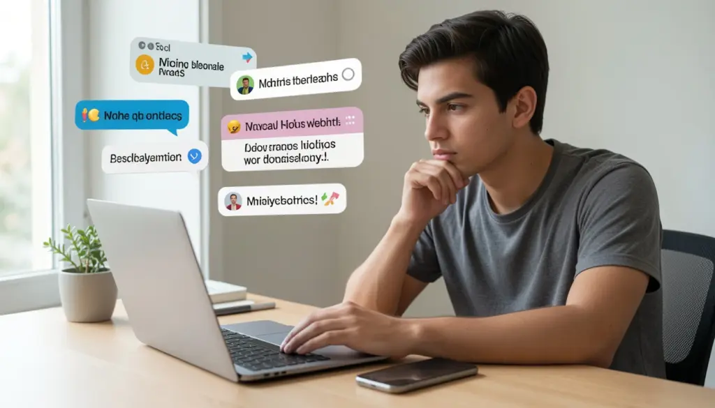 Person analyzing online information on laptop and smartphone, representing critical thinking in digital media and identifying misinformation