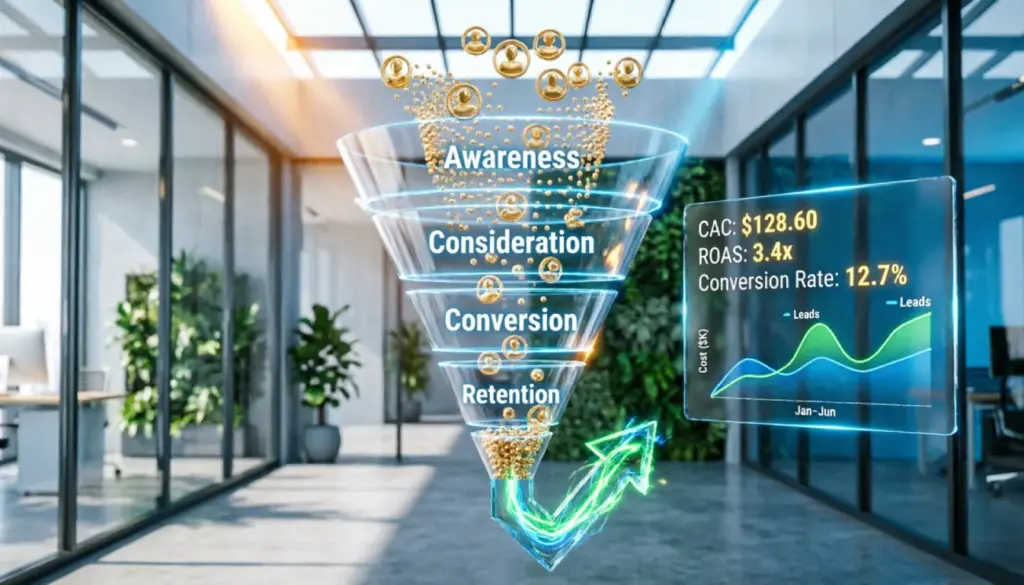 Customer acquisition cost dashboard analysis showing marketing spend, ROI metrics, and business growth strategy on laptop screen
