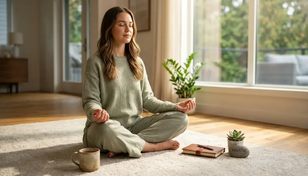 Person practicing daily mental health habits by journaling and planning in a calm morning routine at home