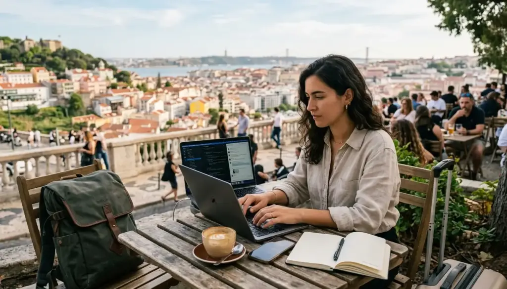 Digital nomad working remotely on a laptop from a café while traveling abroad