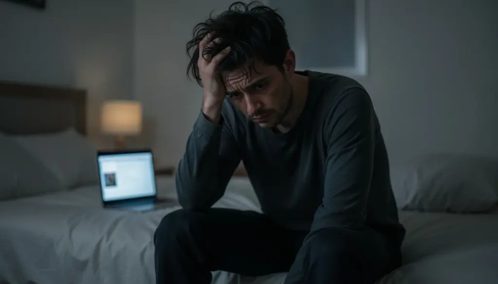 Exhausted person sitting on bed at night showing signs of chronic stress, fatigue, and mental overload