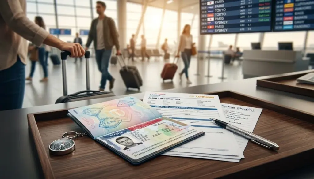 First-time international traveler at airport holding passport and boarding pass with packed luggage and travel essentials ready for departure