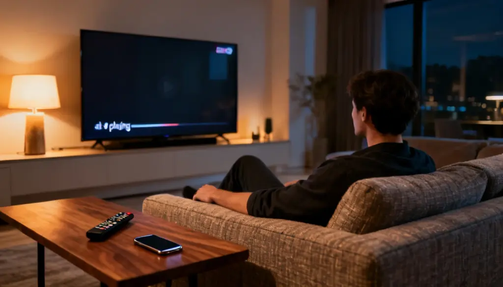 Person watching free legal movie streaming on smart TV at home with ad-supported streaming interface visible