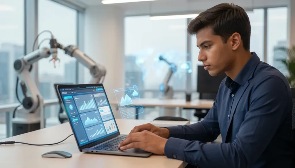 Professional using AI and data analytics tools in a modern digital workspace representing future workforce technology and evolving job skills