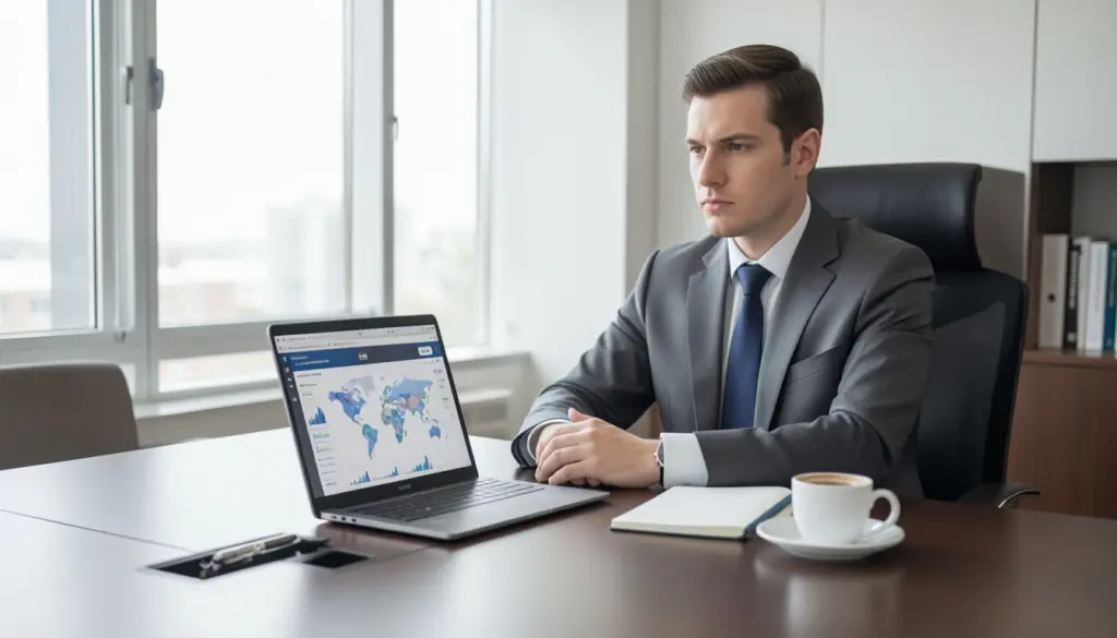 Person analyzing global news blog on laptop while evaluating credibility and international trends at a desk