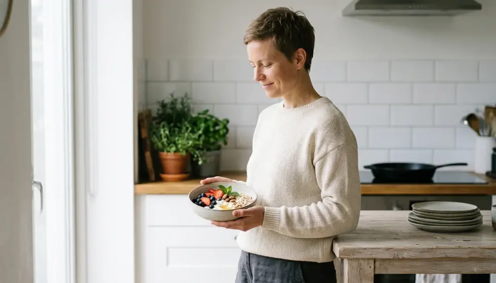 Person holding a bowl of healthy gut-friendly foods like yogurt, fruits, and oats, representing the connection between gut health, mood, and immunity.